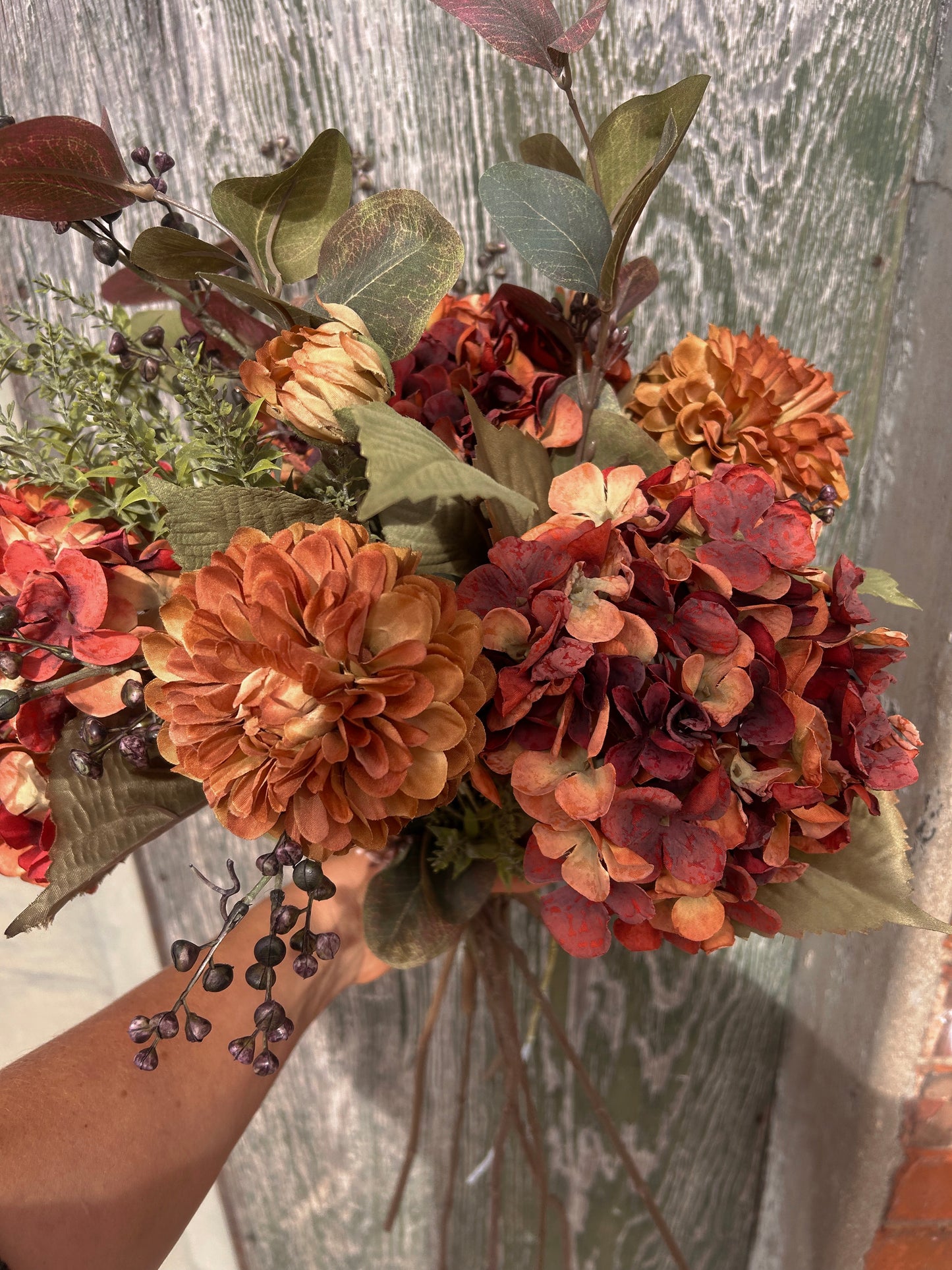 Winter Faux Flower Arrangement-Burnt Orange -Hydrangea, Winter Berry and Daliah