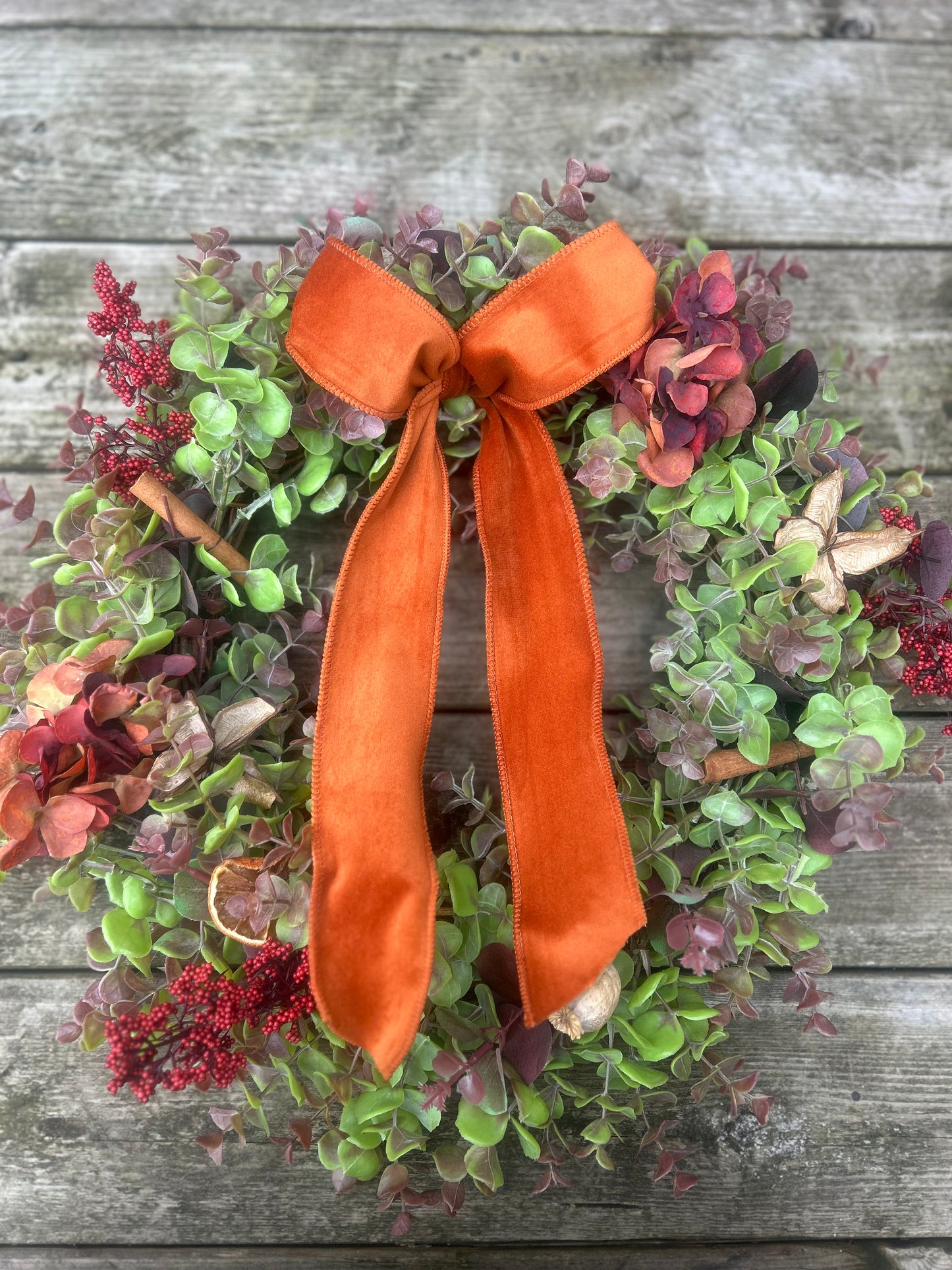 Christmas Hydrangea & Eucalyptus Artificial Wreath -Burnt Orange Velvet Ribbon