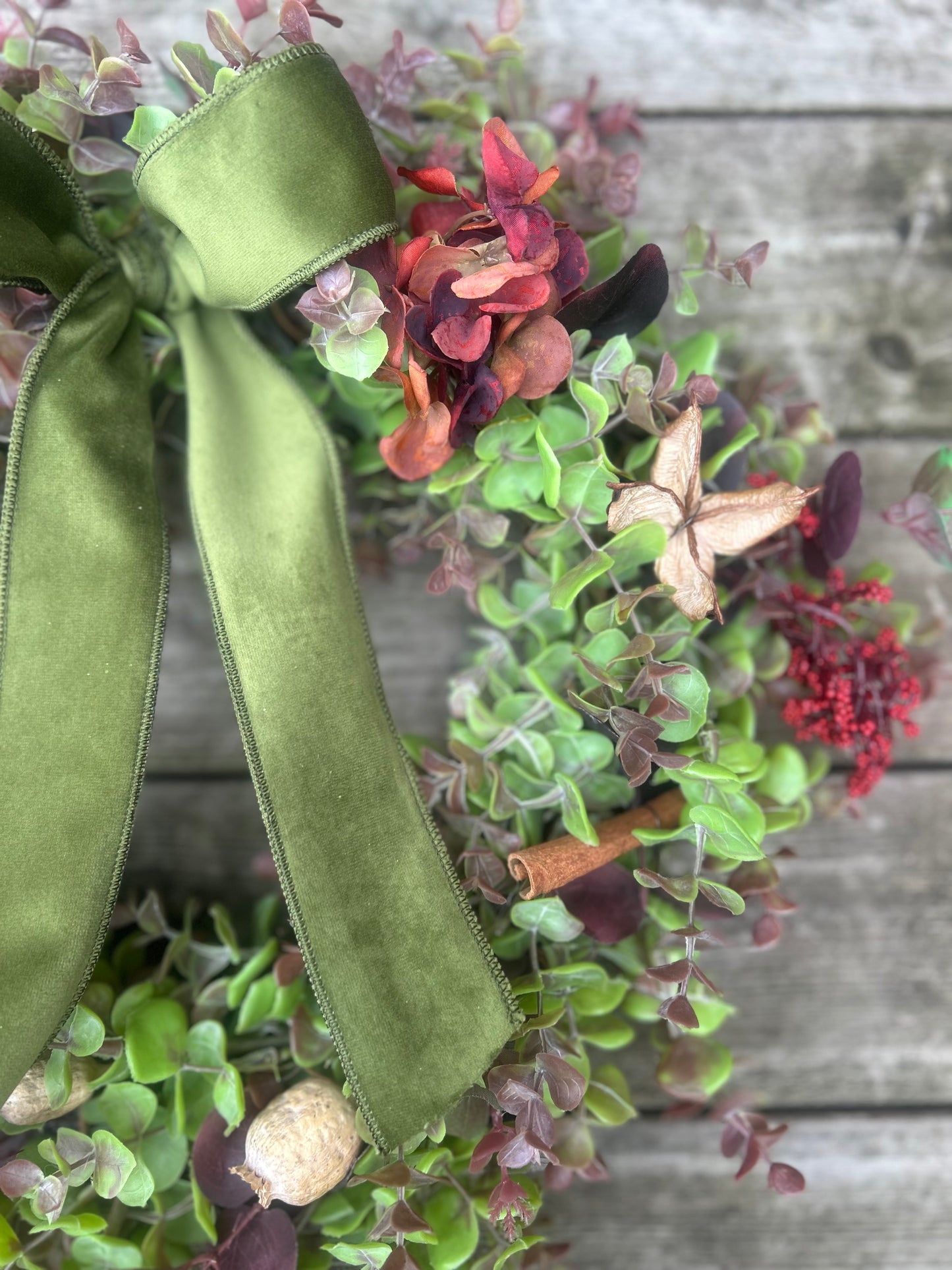 Christmas Hydrangea & Eucalyptus Artificial Wreath -Olive Green Velvet Bow