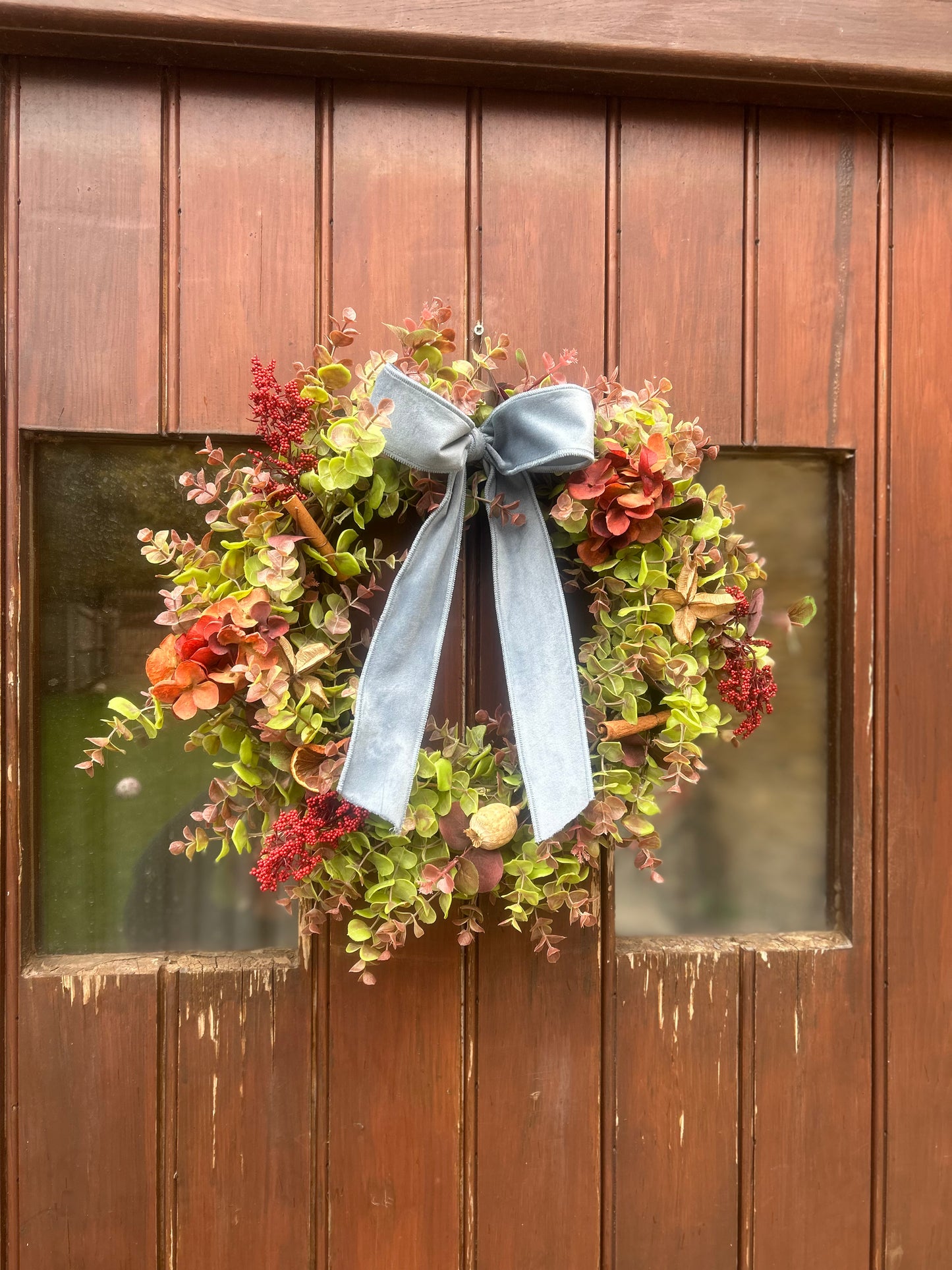 Christmas Hydrangea & Eucalyptus Artificial Wreath -Vintage Blue Velvet Bow
