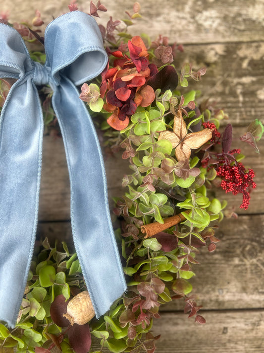 Christmas Hydrangea & Eucalyptus Artificial Wreath -Vintage Blue Velvet Bow