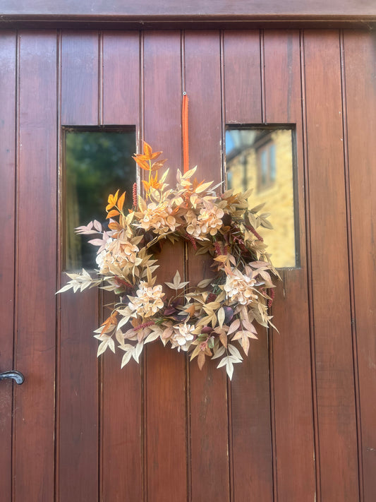 Harvest Maple & Hydrangea Artificial Wreath -Neutral Autumn Door Wreath
