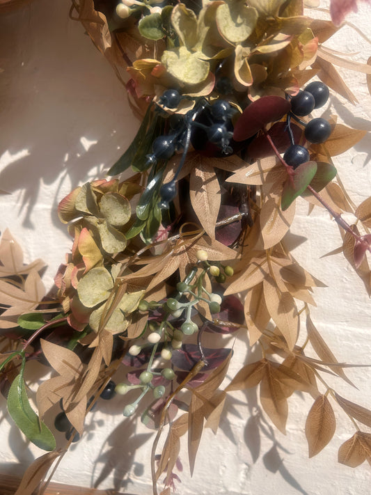 Rustic Autumn Hydrangea Artificial Wreath- Deep Red and Green