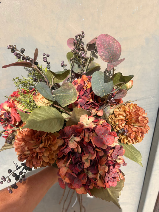 Winter Faux Flower Arrangement-Burnt Orange -Hydrangea, Winter Berry and Daliah