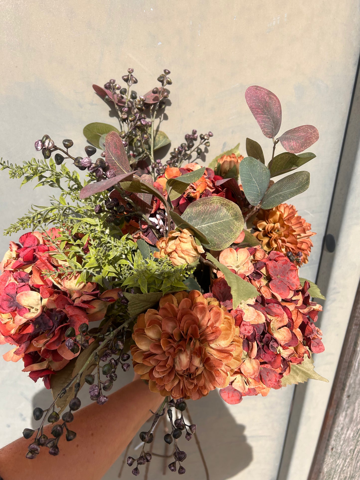Winter Faux Flower Arrangement-Burnt Orange -Hydrangea, Winter Berry and Daliah