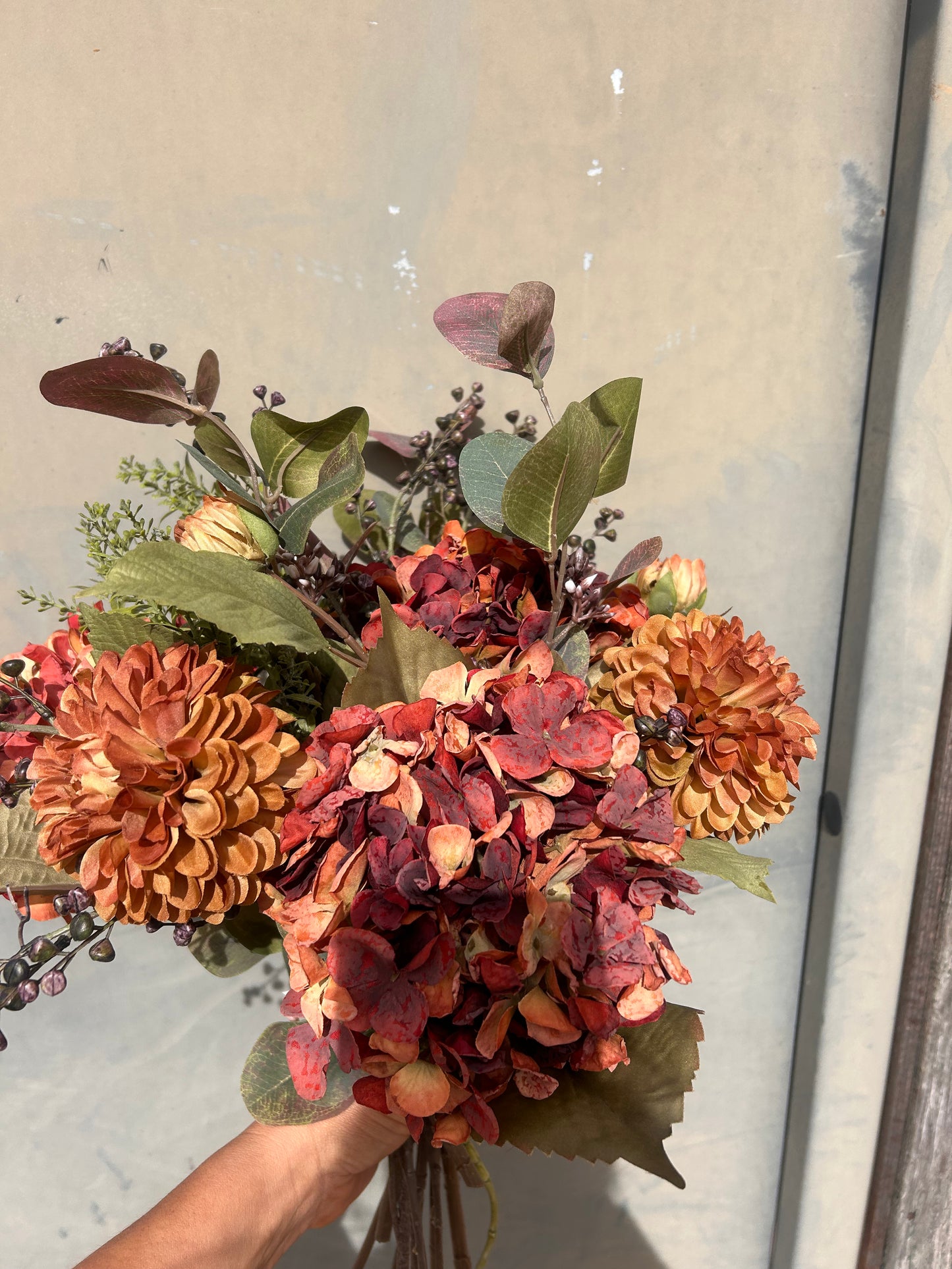 Winter Faux Flower Arrangement-Burnt Orange -Hydrangea, Winter Berry and Daliah
