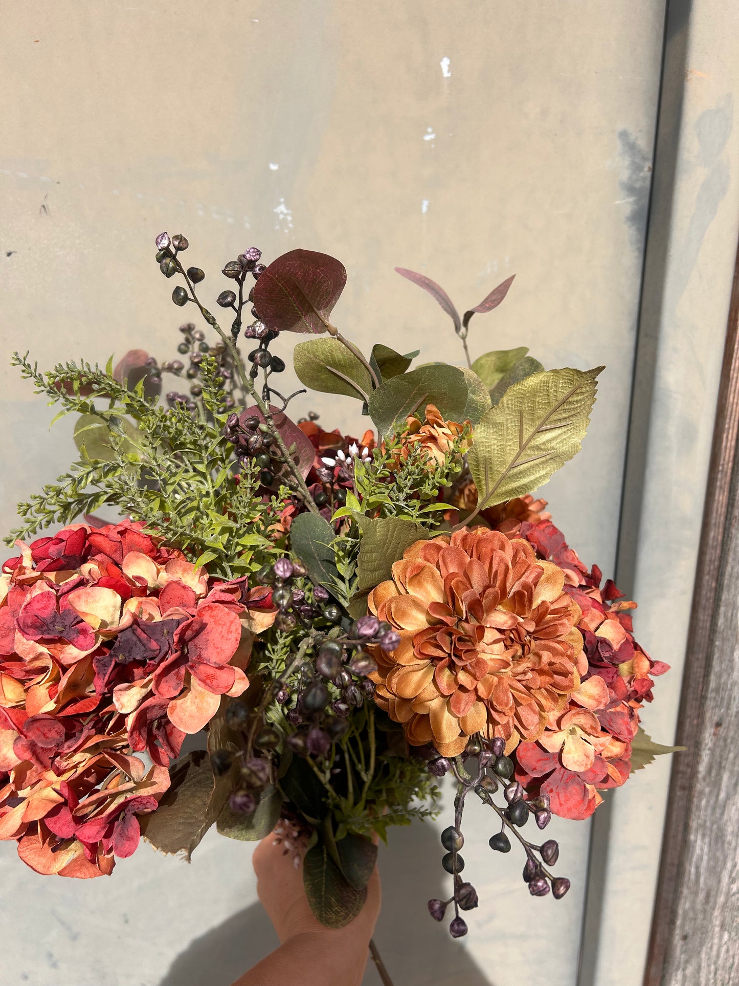 Winter Faux Flower Arrangement-Burnt Orange -Hydrangea, Winter Berry and Daliah