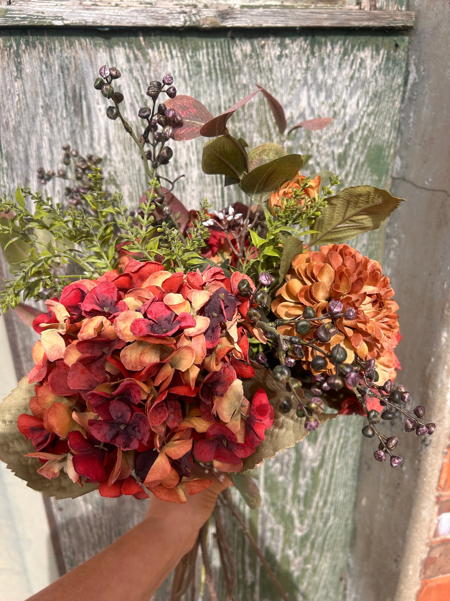 Winter Faux Flower Arrangement-Burnt Orange -Hydrangea, Winter Berry and Daliah