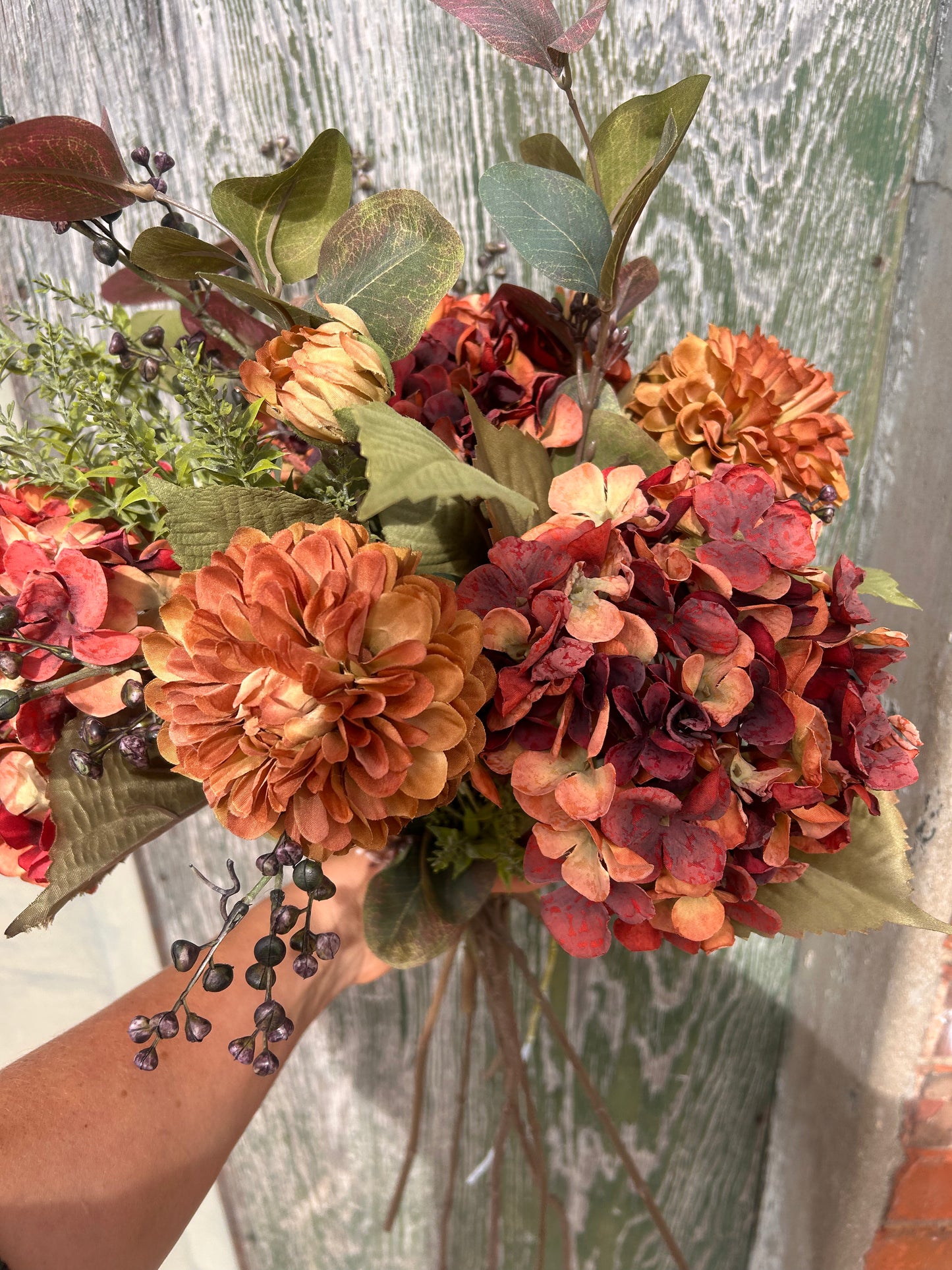 Winter Faux Flower Arrangement-Burnt Orange -Hydrangea, Winter Berry and Daliah