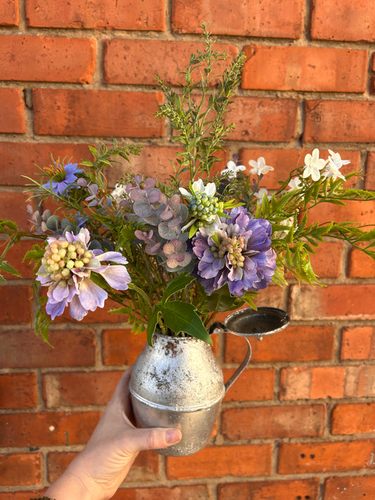 French Antique Metal Jug with Purple Wild Flowers