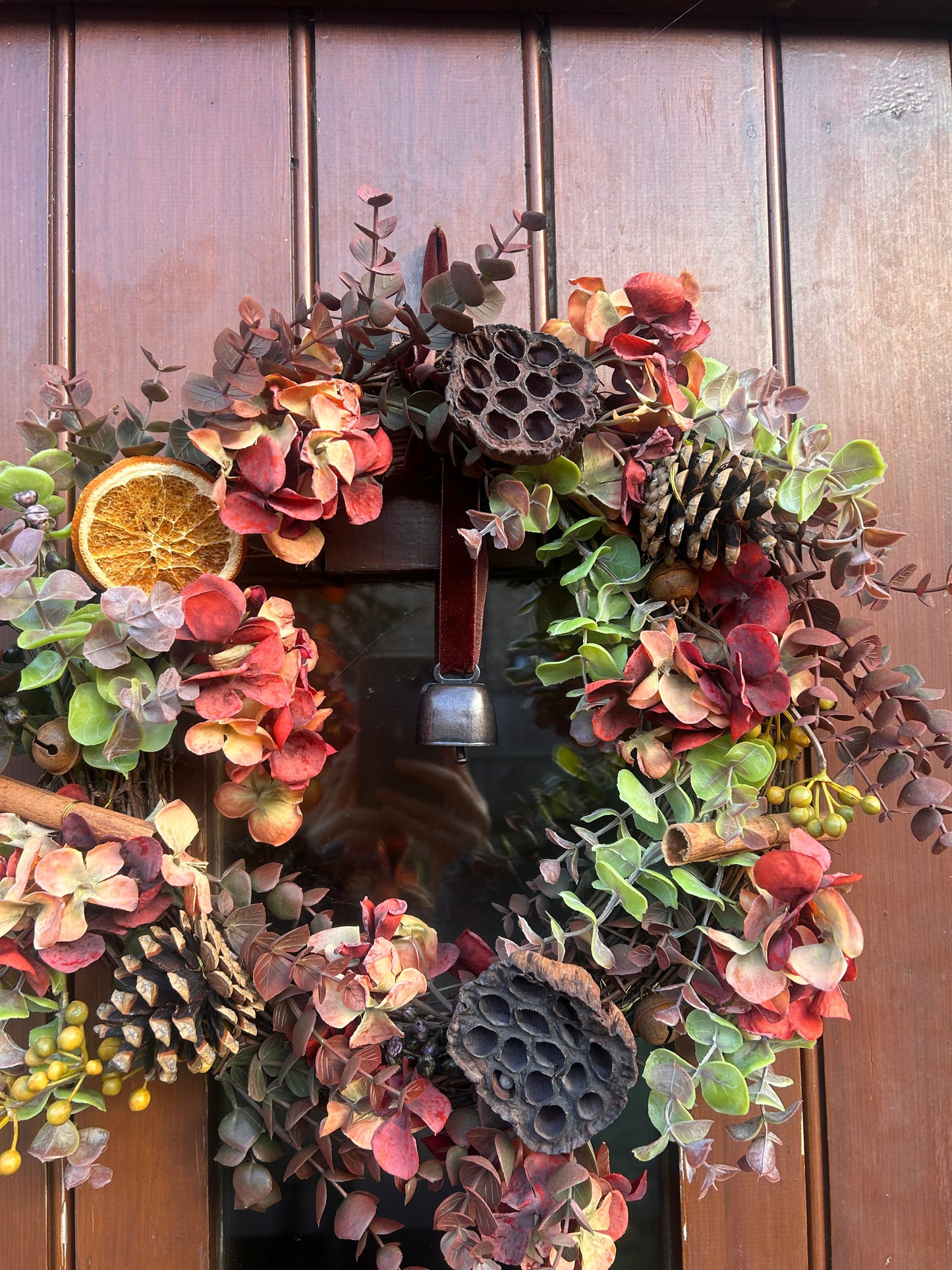 Christmas Faux Rustic Wreath with Berries, Hydrangea and Foliage and Vintage Bell