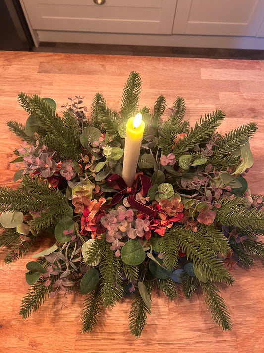 Christmas Table Centre- Faux Flower and Candle Table Centrepiece -Hydrangea, Greenery and Pine