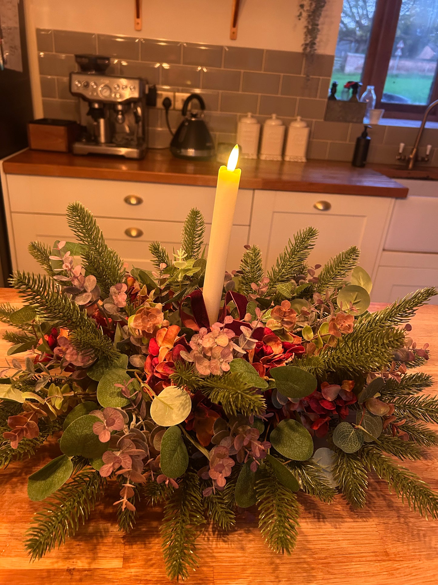 Christmas Table Centre- Faux Flower and Candle Table Centrepiece -Hydrangea, Greenery and Pine
