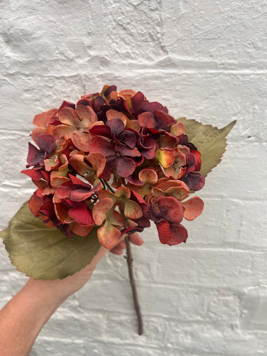 Faux Hydrangea Stem – Burnt Orange & Burgundy