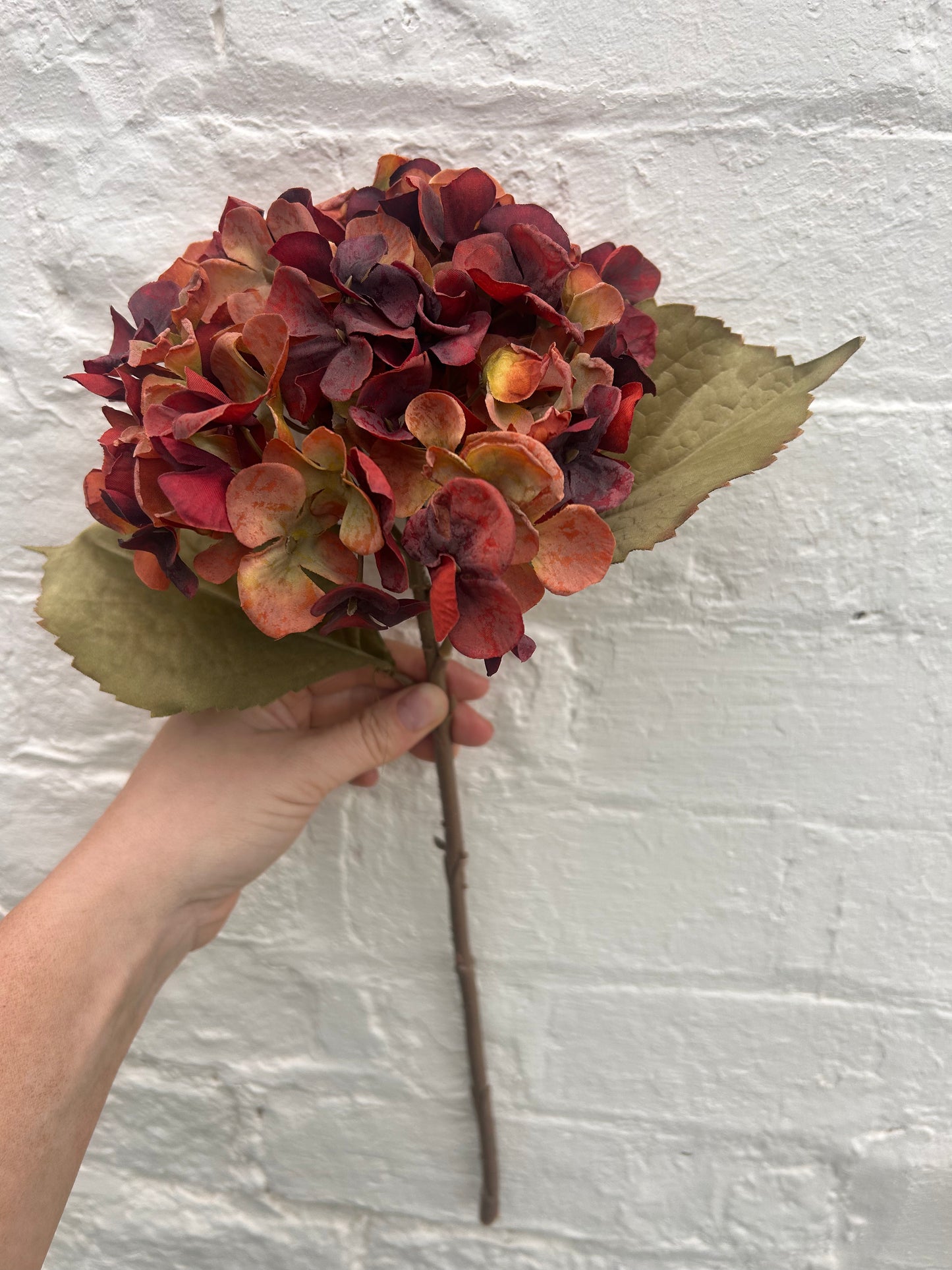 Faux Hydrangea Stem – Burnt Orange & Burgundy