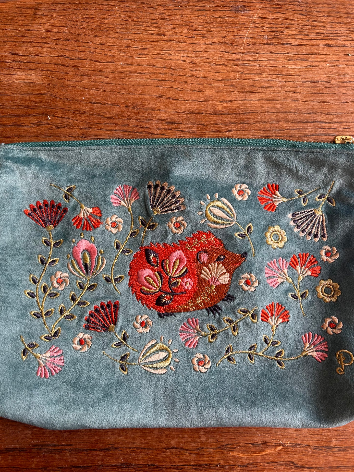 Velvet Hand Embroidered Zip Pouch – Folk Art Hedgehog (Aqua)