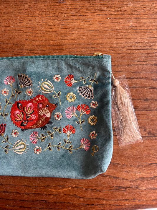 Velvet Hand Embroidered Zip Pouch – Folk Art Hedgehog (Aqua)