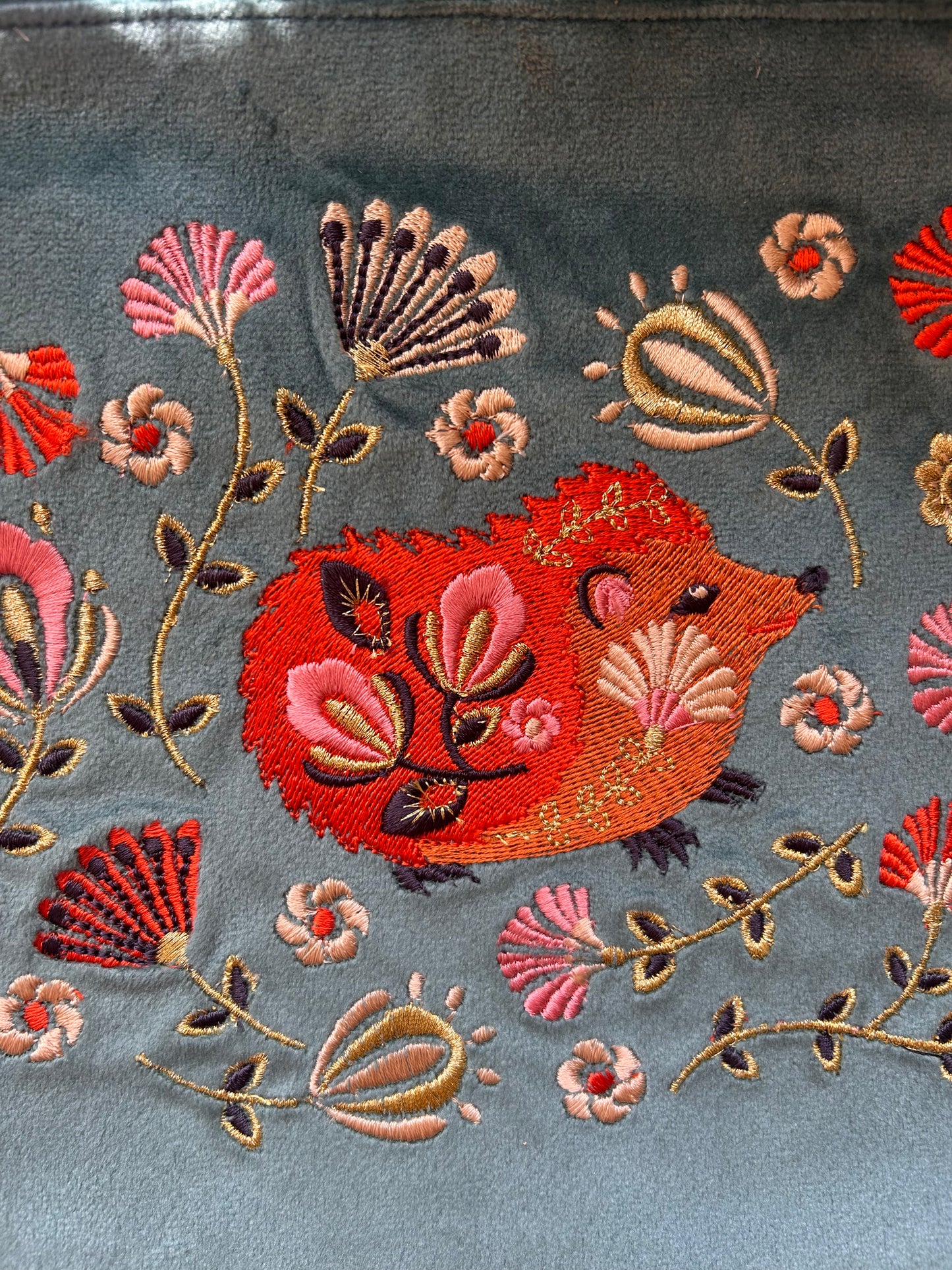 Velvet Hand Embroidered Zip Pouch – Folk Art Hedgehog (Aqua)