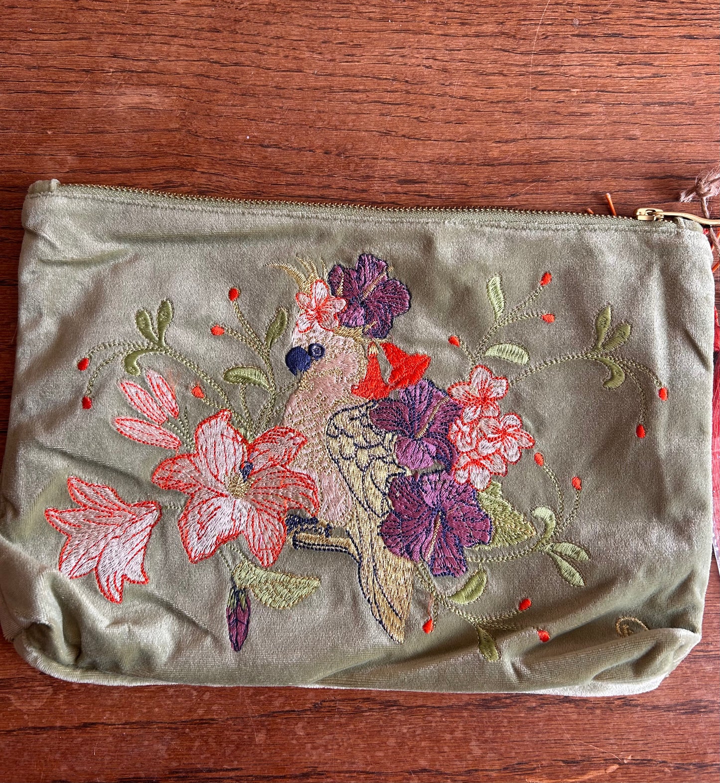 Velvet Hand Embroidered Zip Pouch – Cockatoo (Sage)