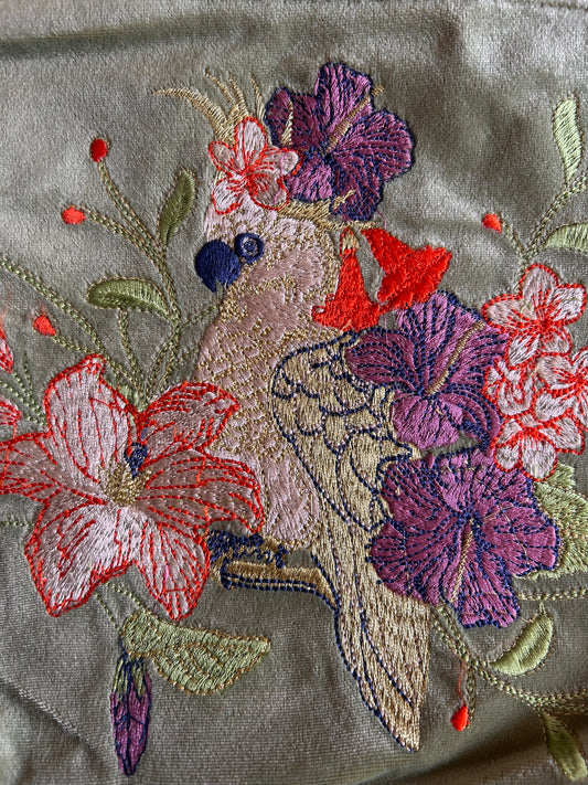 Velvet Hand Embroidered Zip Pouch – Cockatoo (Sage)