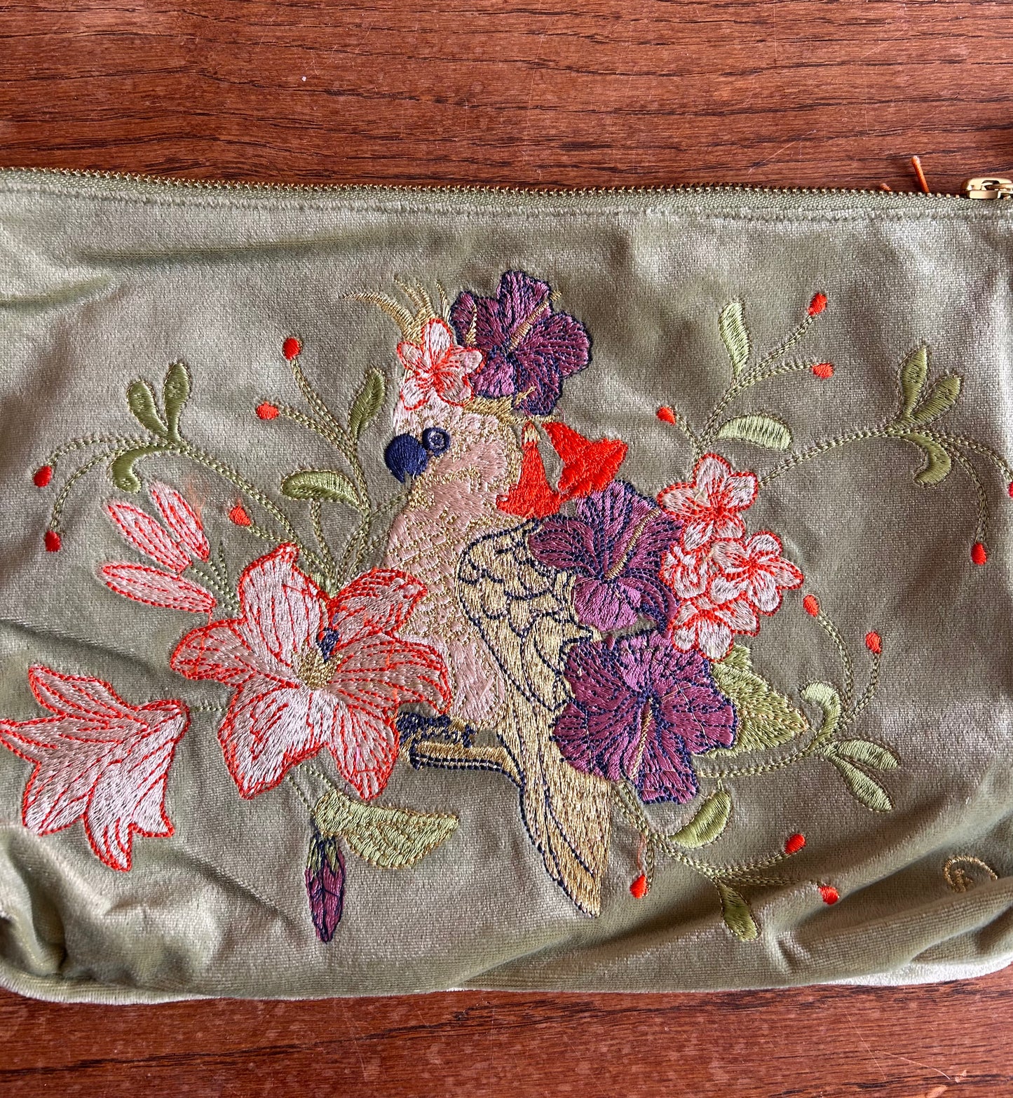 Velvet Hand Embroidered Zip Pouch – Cockatoo (Sage)