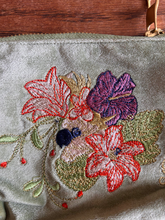 Mini Velvet Hand Embroidered Pouch – Cockatoo (Sage)