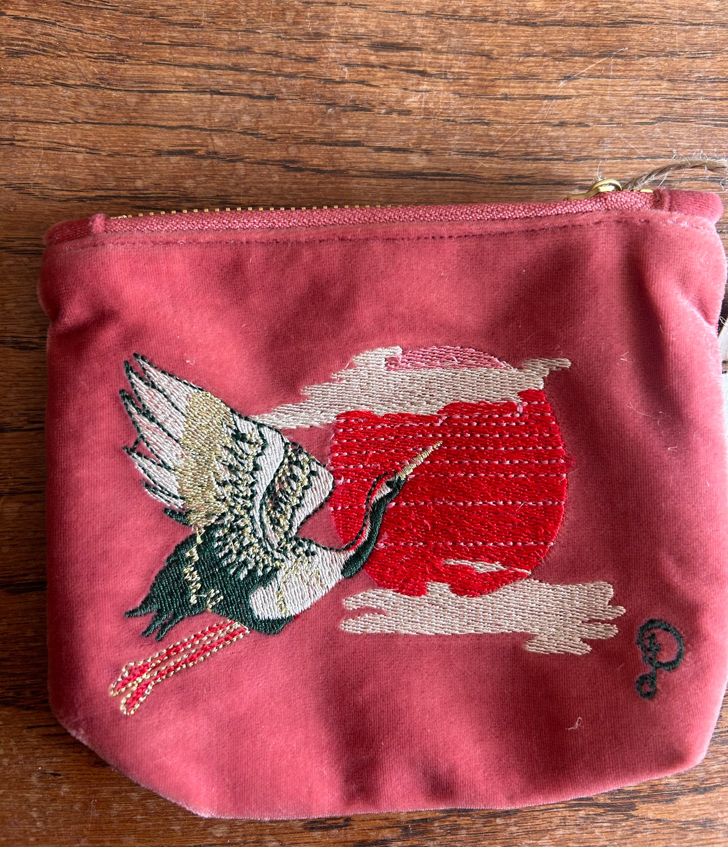 Mini Velvet Hand Embroidered Pouch – Crane at Sunrise (Coral)