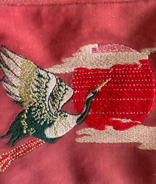 Mini Velvet Hand Embroidered Pouch – Crane at Sunrise (Coral)