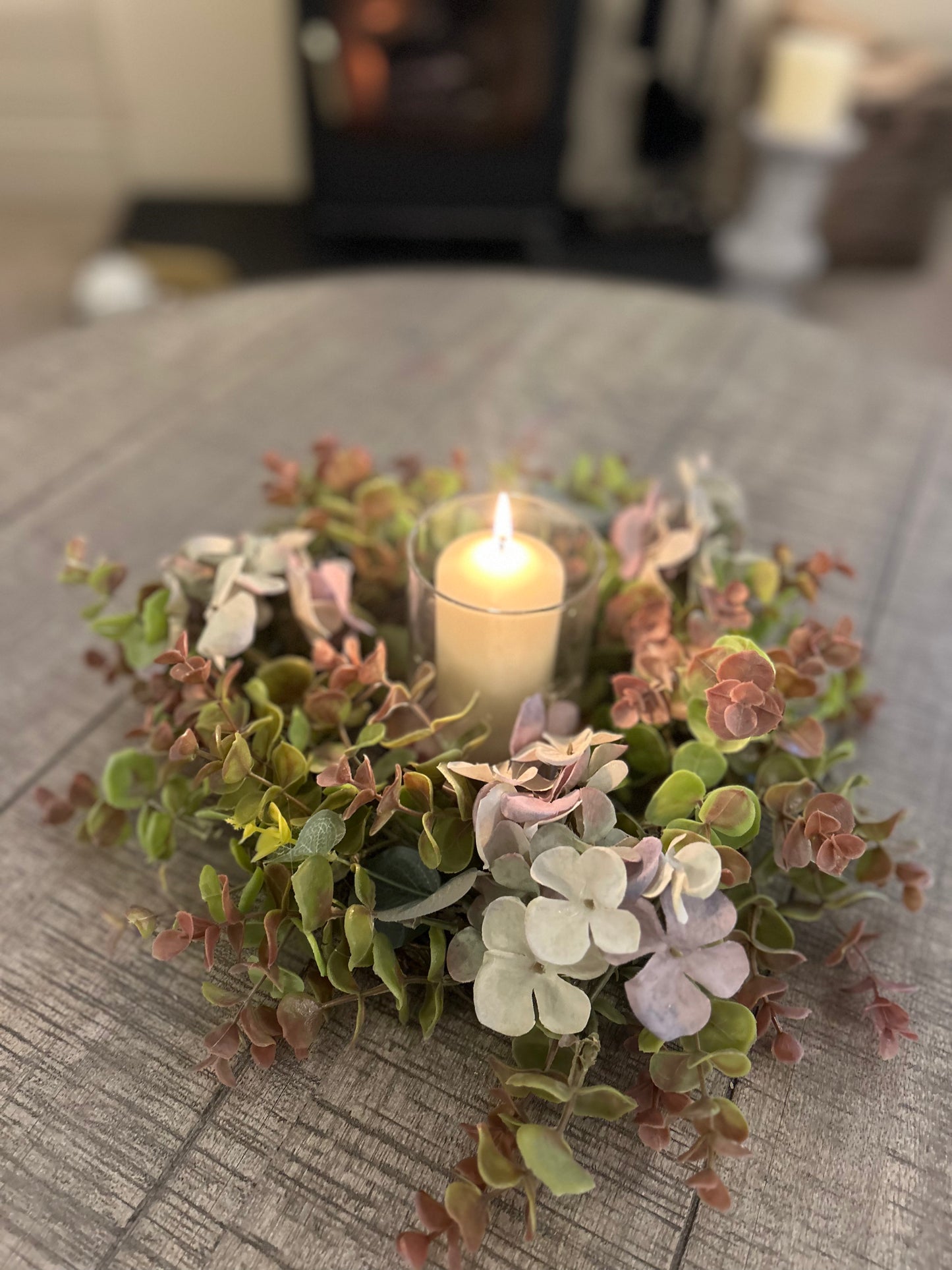 Blue Hydrangea & Eucalyptus Table Centre with Candle