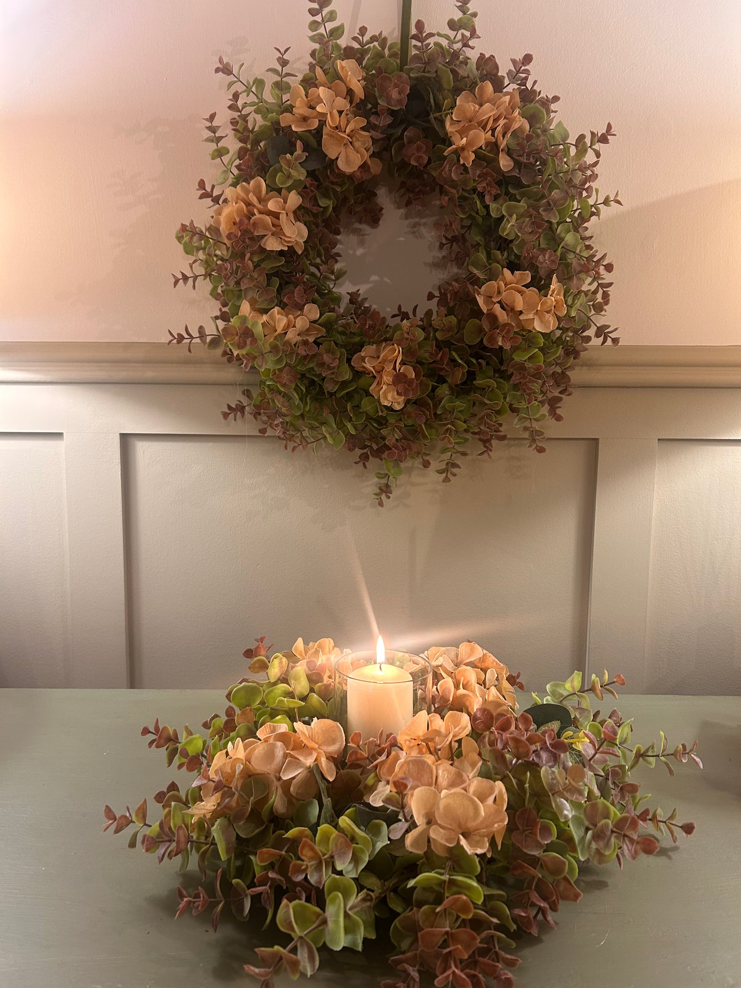 Cream Hydrangea & Eucalyptus Table Centre with Candle