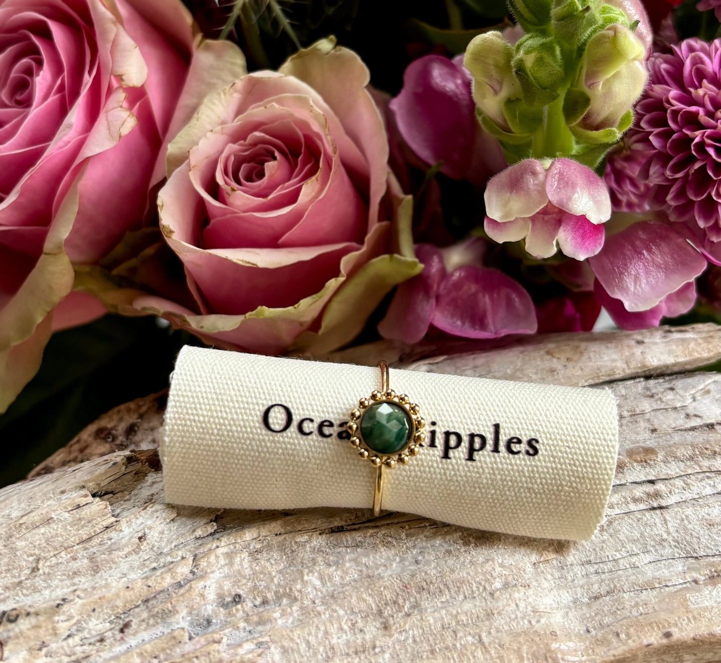 18ct Gold Plated Natural Stone Flower Ring-Aventurine