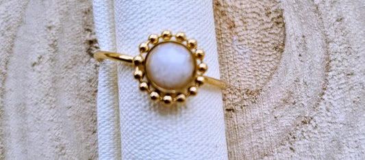 18ct Gold Plated Natural Stone Flower Ring-White Jade