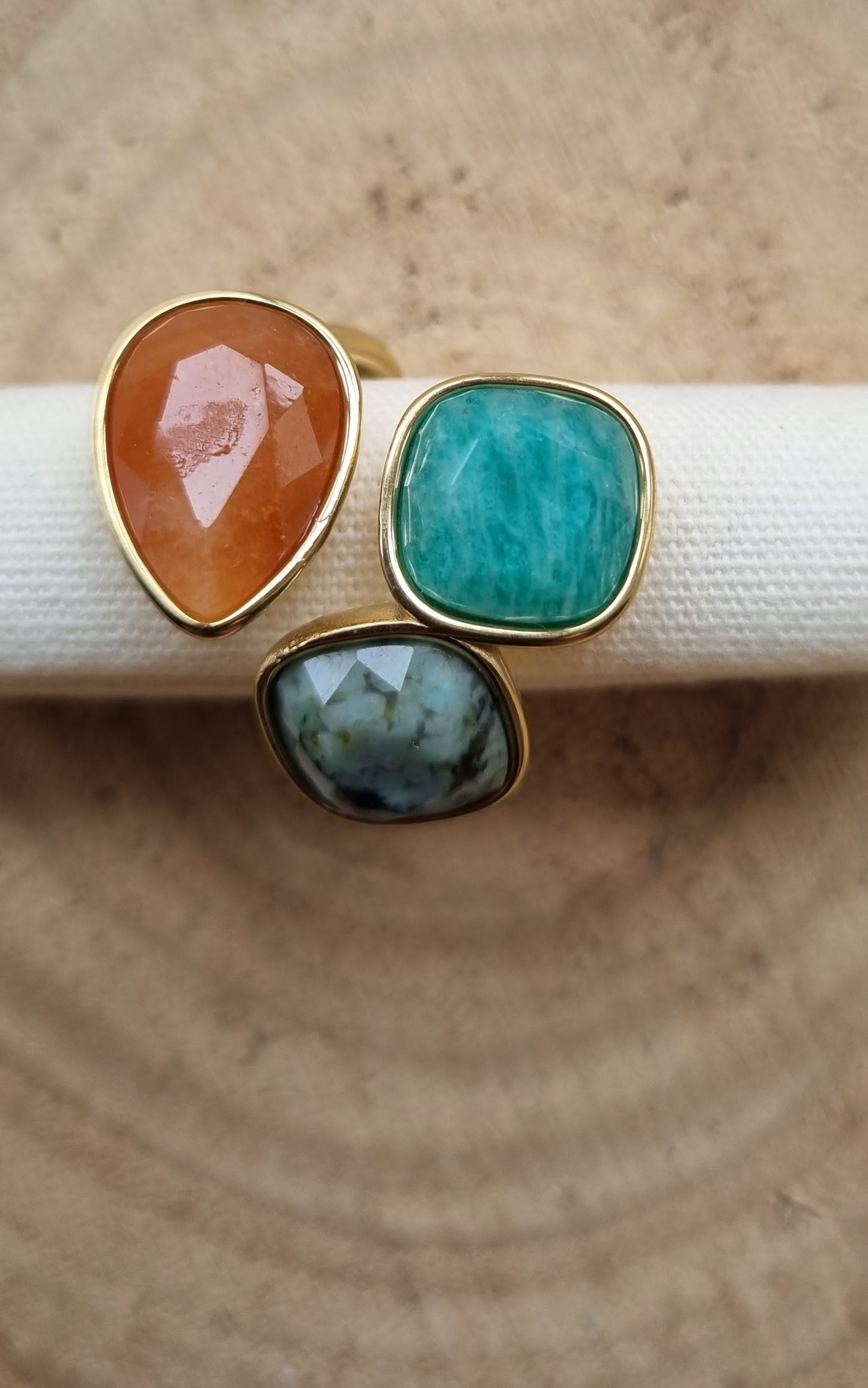 18Ct Gold Plated Faceted Natural Stone Ring with Ammonite, African Turquoise & Red Aventurine