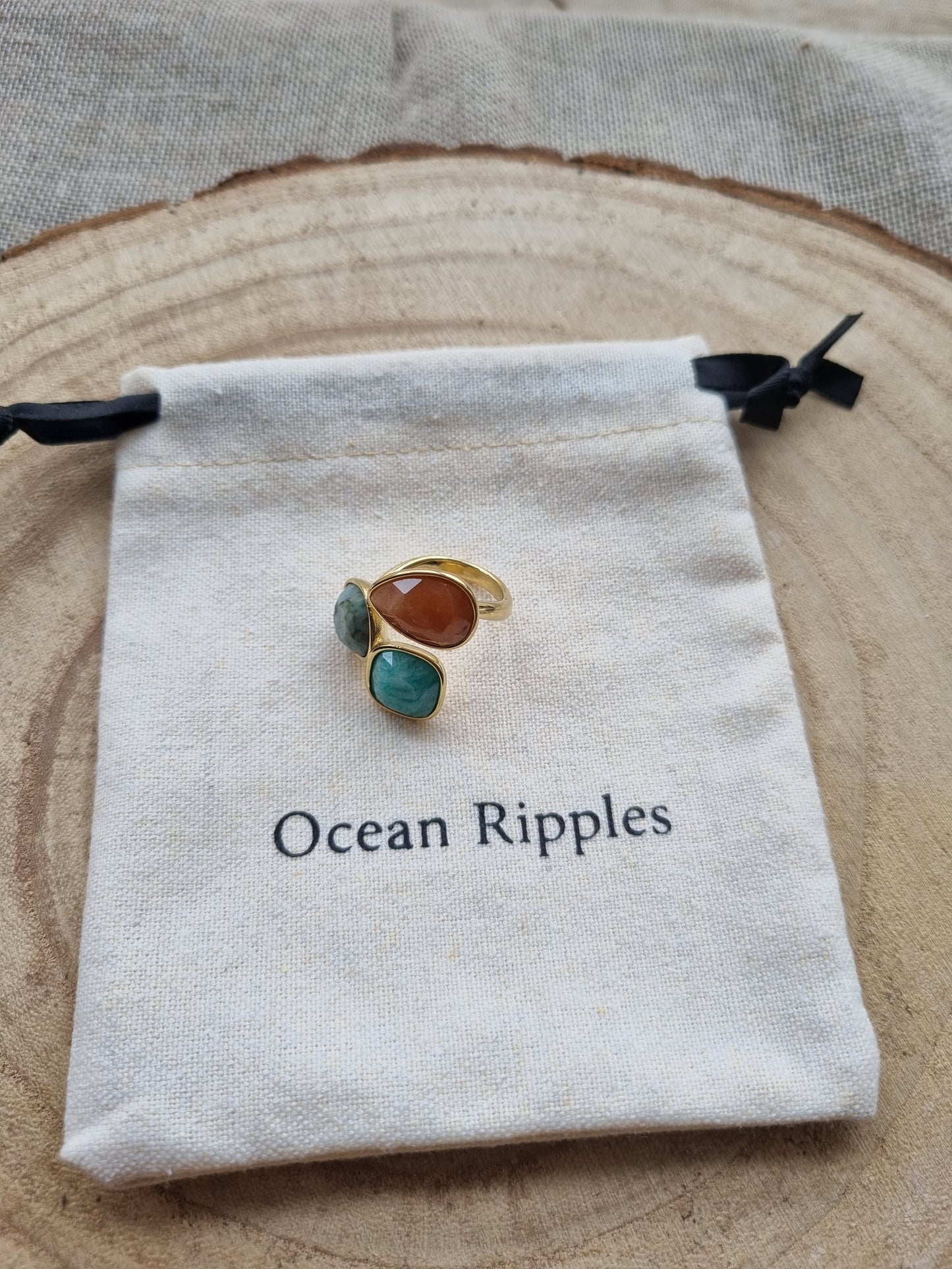 18Ct Gold Plated Faceted Natural Stone Ring with Ammonite, African Turquoise & Red Aventurine