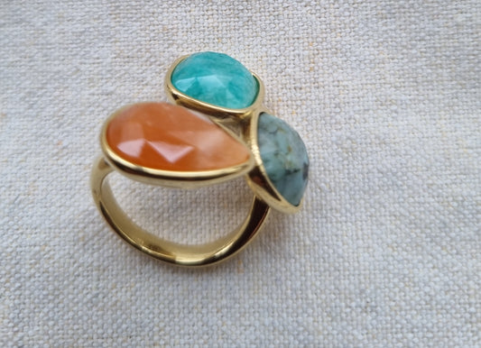 18Ct Gold Plated Faceted Natural Stone Ring with Ammonite, African Turquoise & Red Aventurine