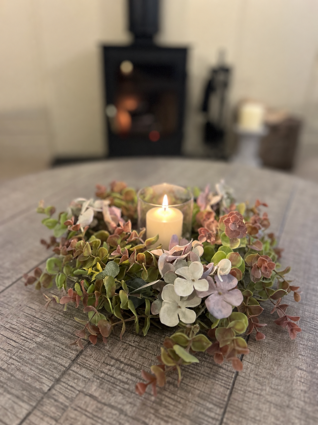 Blue Hydrangea & Eucalyptus Table Centre with Candle
