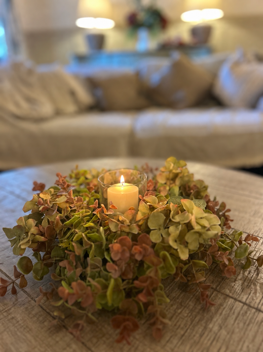 Green Hydrangea & Eucalyptus Table Centre with Candle