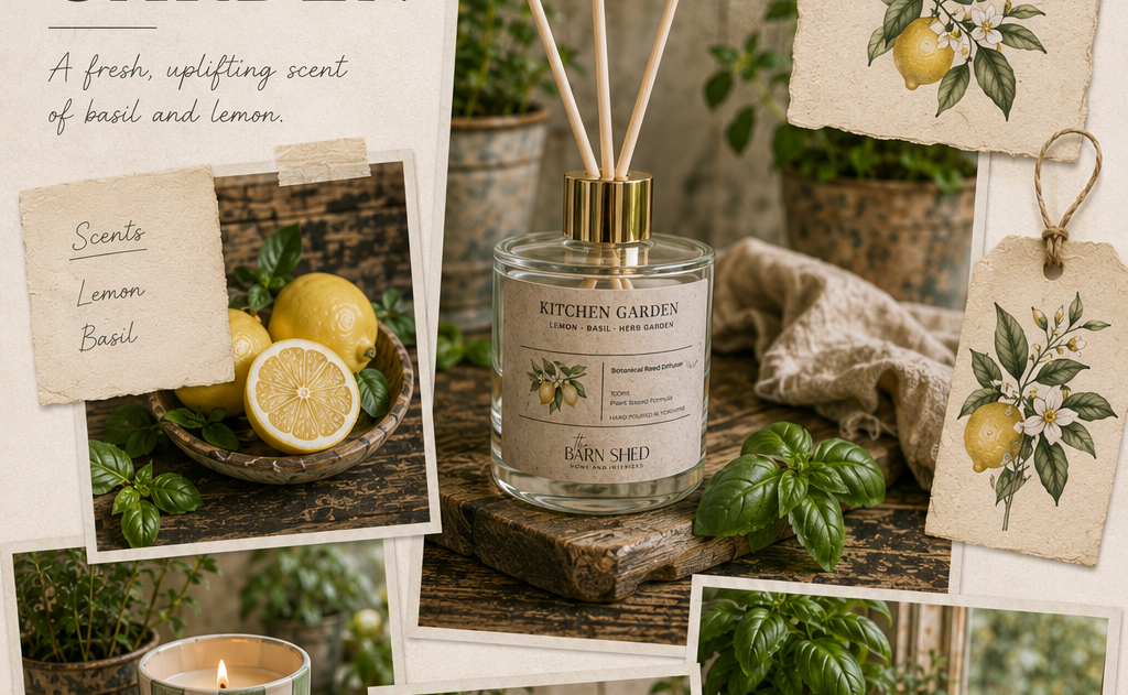 A collage-style promotional graphic for a kitchen garden reed diffuser and matching scented candles. The layout shows a clear glass diffuser bottle with reeds, several striped and patterned candles in ceramic holders, lemons, basil leaves, handwritten notes, and a color palette strip at the bottom.