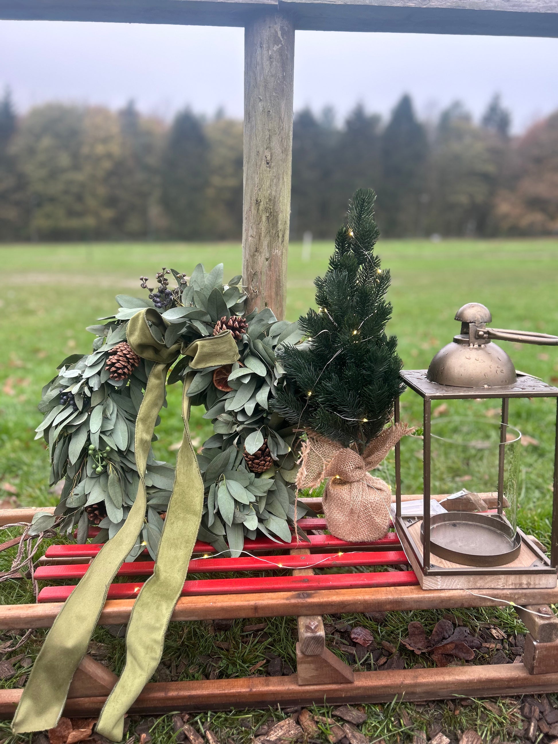 Eucalyptus wreath on a vintage sledge