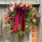 Christmas Hydrangea & Eucalyptus Artificial Wreath -Burgundy Velvet Ribbon
