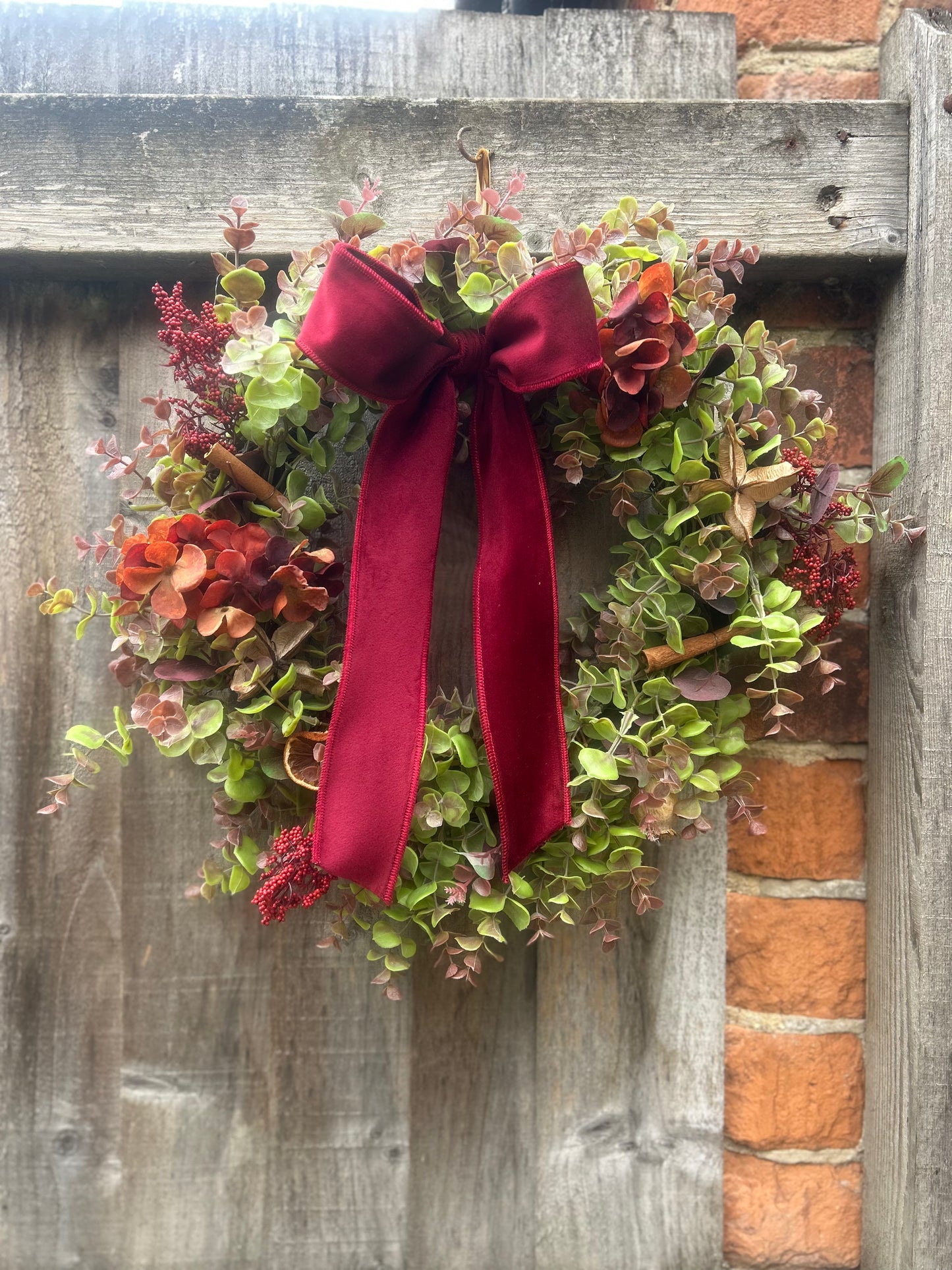 Christmas Hydrangea & Eucalyptus Artificial Wreath -Burgundy Velvet Ribbon