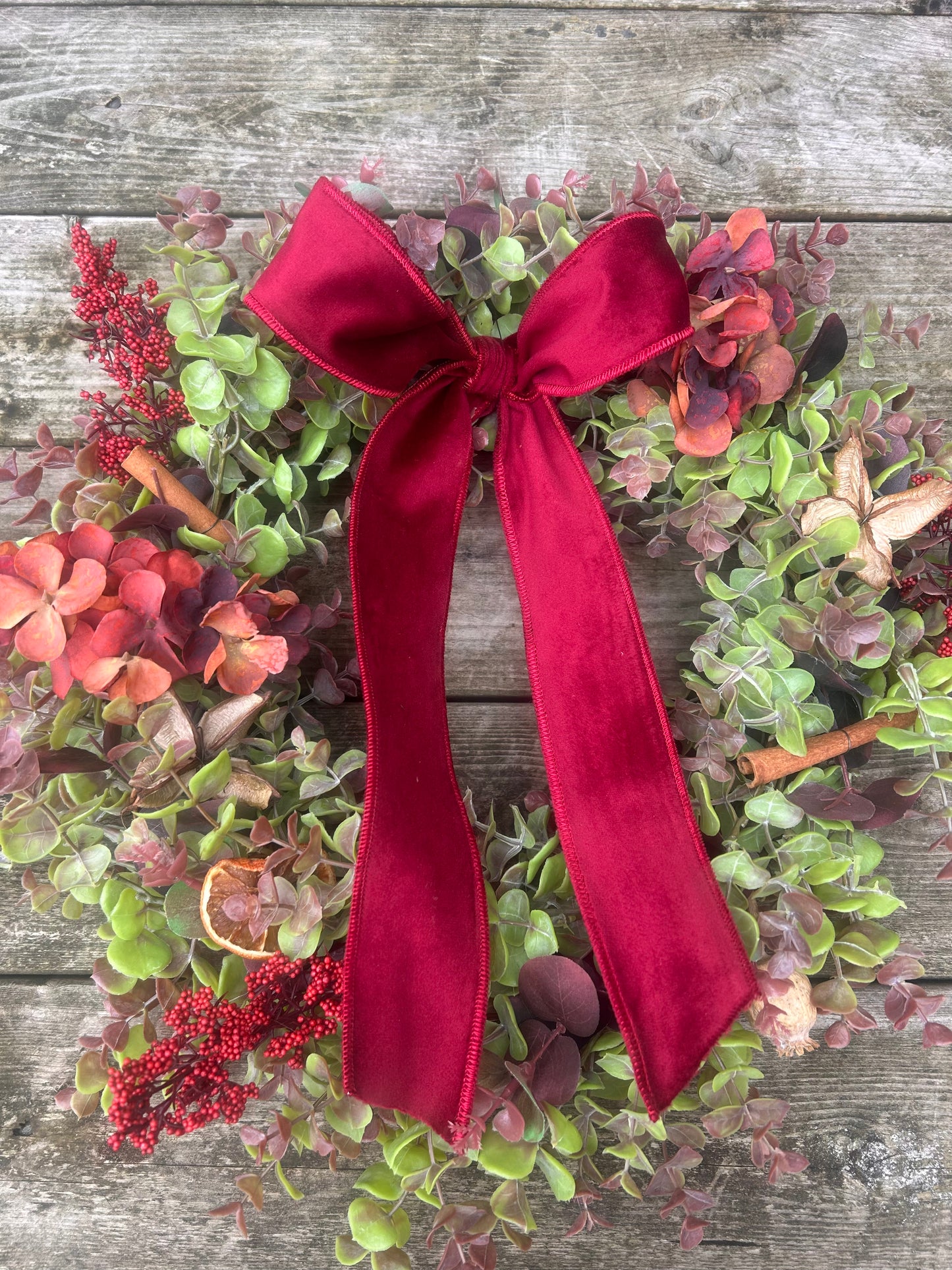 Christmas Hydrangea & Eucalyptus Artificial Wreath -Burgundy Velvet Ribbon