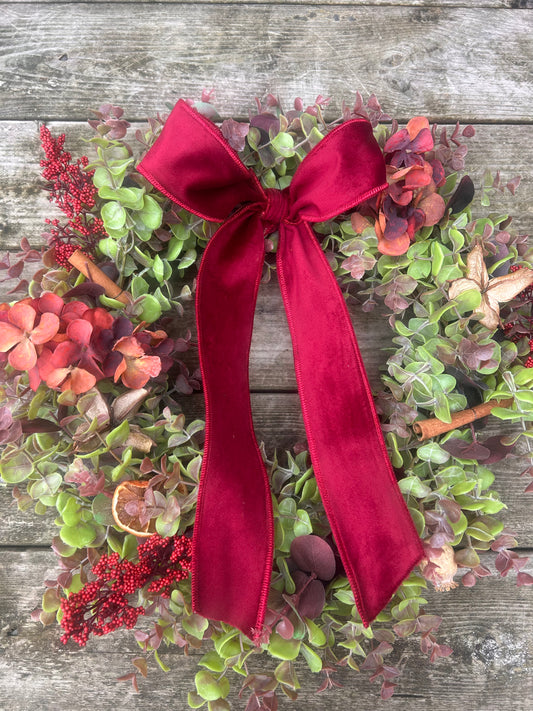 Christmas Hydrangea & Eucalyptus Artificial Wreath -Burgundy Velvet Ribbon