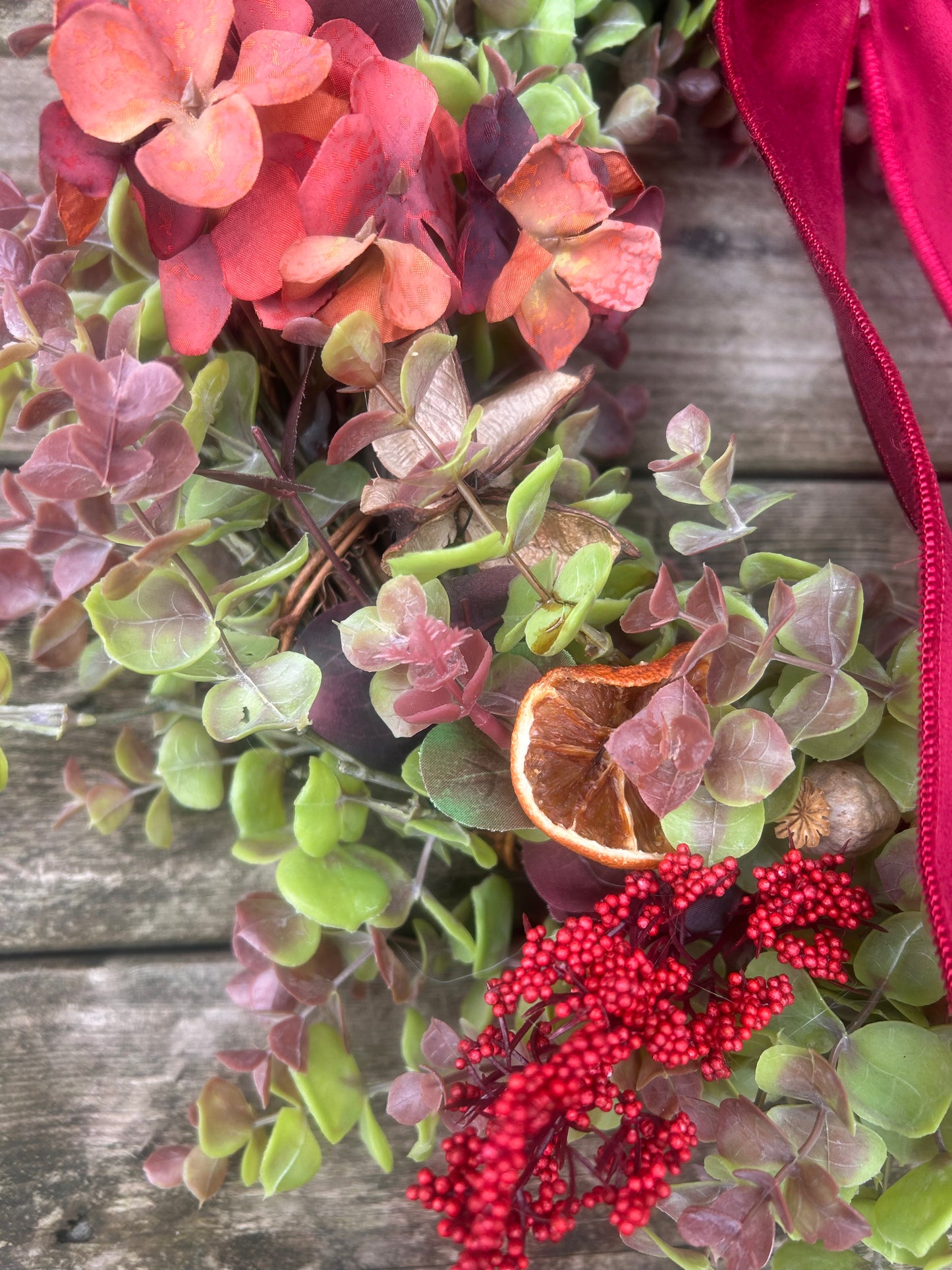 Christmas Hydrangea & Eucalyptus Artificial Wreath -Burgundy Velvet Ribbon