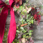 Christmas Hydrangea & Eucalyptus Artificial Wreath -Burgundy Velvet Ribbon