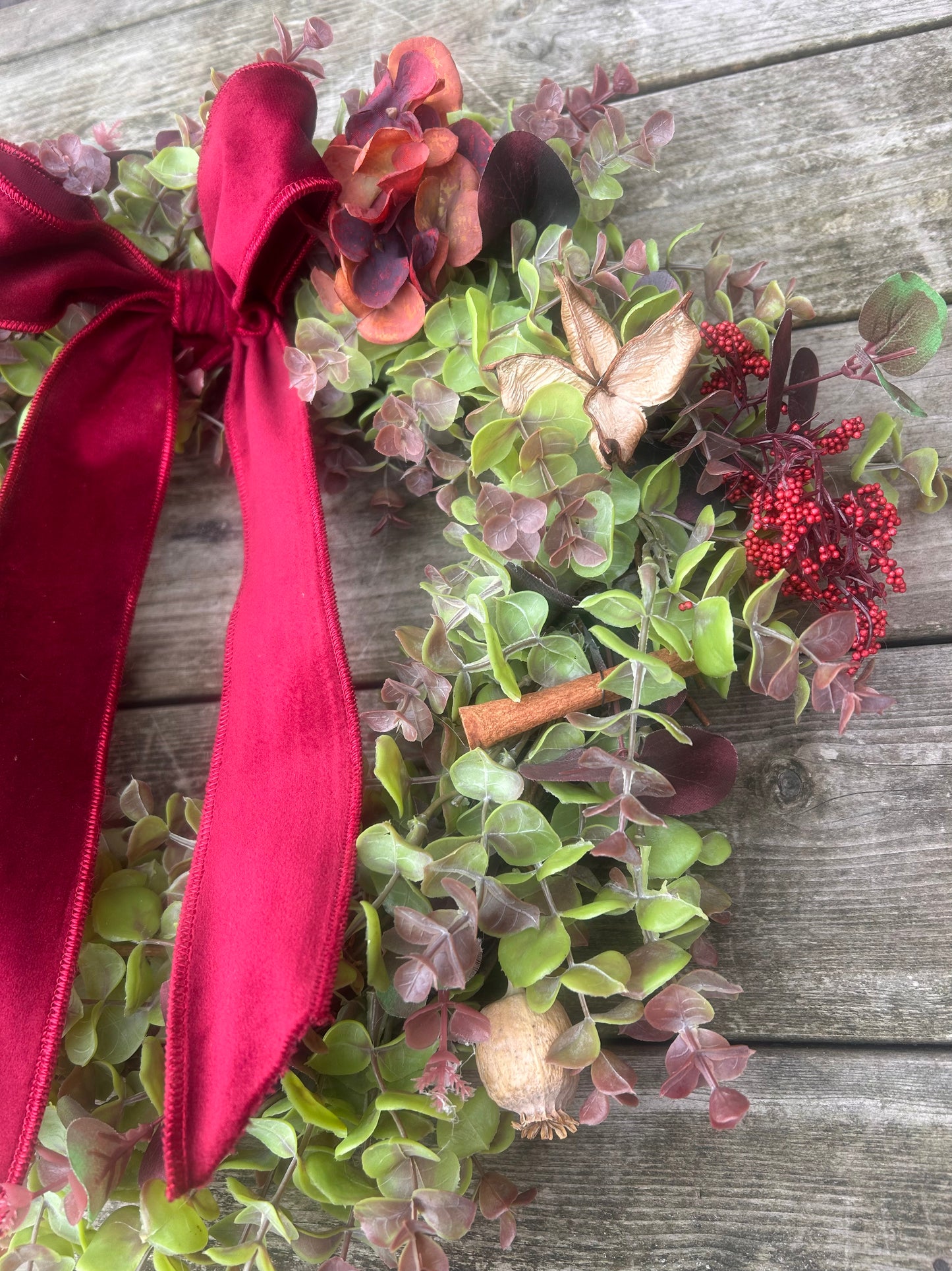 Christmas Hydrangea & Eucalyptus Artificial Wreath -Burgundy Velvet Ribbon