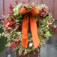 Christmas Hydrangea & Eucalyptus Artificial Wreath -Burnt Orange Velvet Ribbon