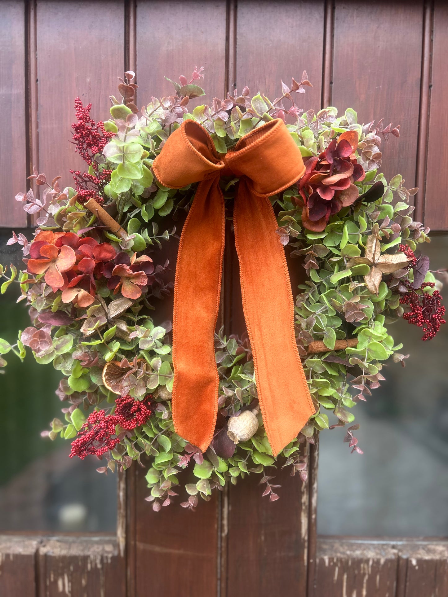 Christmas Hydrangea & Eucalyptus Artificial Wreath -Burnt Orange Velvet Ribbon