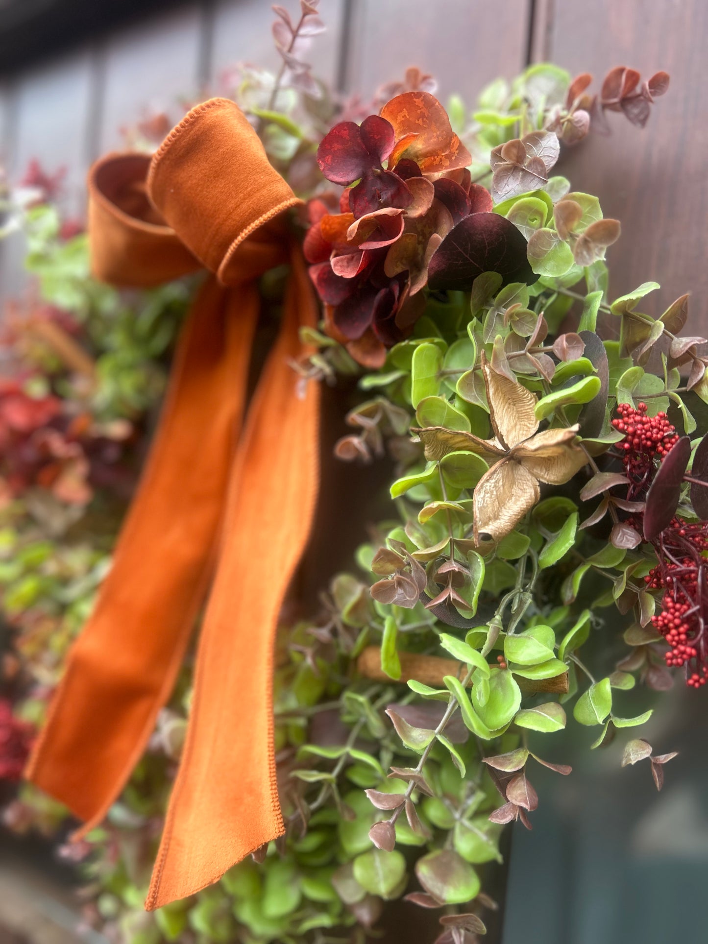 Christmas Hydrangea & Eucalyptus Artificial Wreath -Burnt Orange Velvet Ribbon