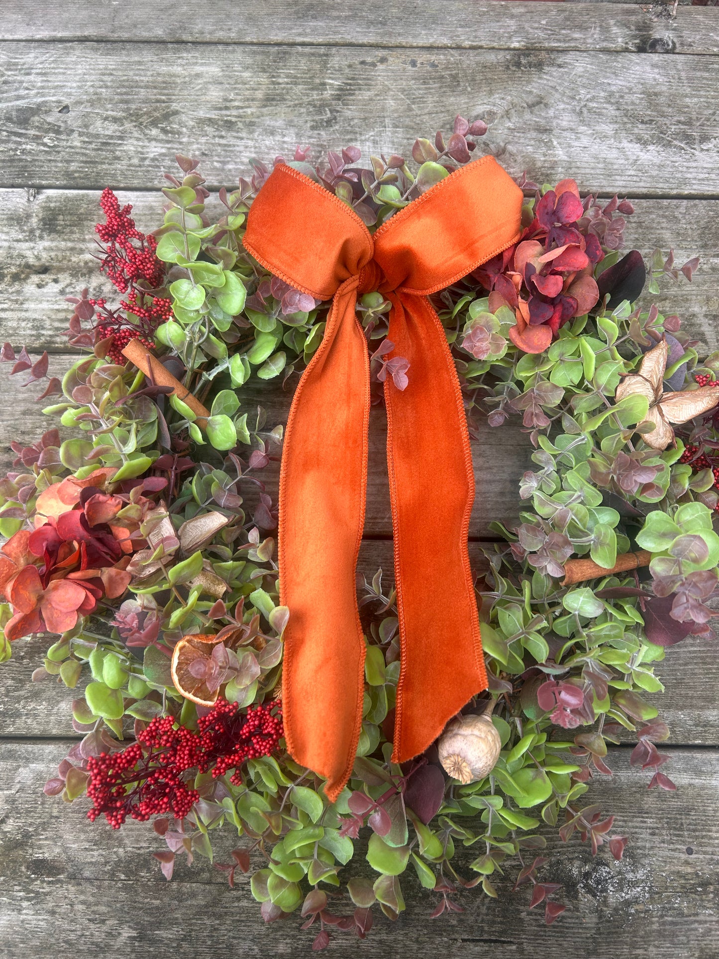 Christmas Hydrangea & Eucalyptus Artificial Wreath -Burnt Orange Velvet Ribbon